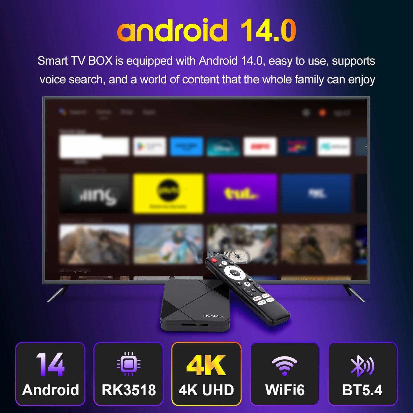Set Top Box TV H96 MAX Android 14.0 RK3518 4K Wifi6 BT5.4 Voice Remote Assistant Android Smart TV Box New