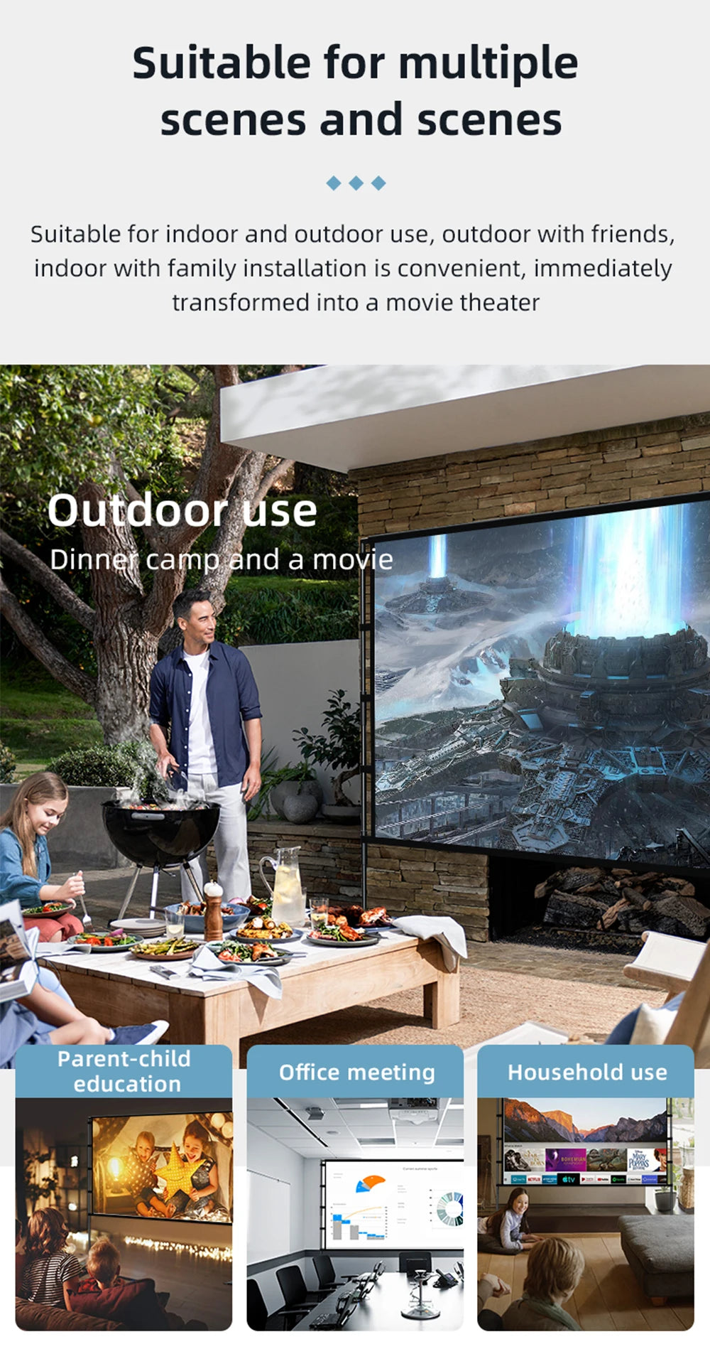 MIXITO Outdoor Anti-light 16:9 Ratio Portable Foldable Dual Bracket Style Projector Screen 84-120 "Home 3D HD Projection Curtain